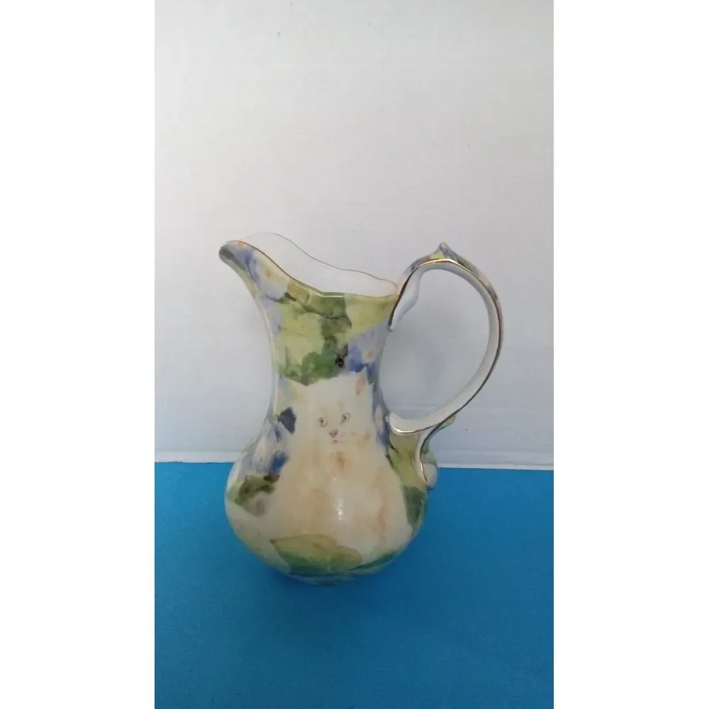 Vintage Hand-Painted Ceramic‎ Pitcher with Floral Design and Cat Motif Vase